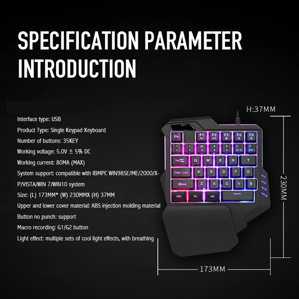 G30 Проводная игровая клавиатура с светодиодный подсветкой 35 клавиш Одноручная мембранная клавиатура