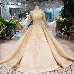 LS11555G золотые свадебные платья; платья с вуалью для свадьбы с круглым вырезом и длинными рукавами, с цветами, свадебное платье со шлейфом