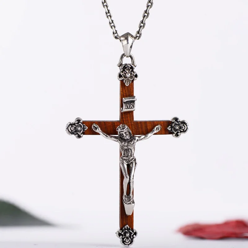 

Genuine 925 Sterling Silver Jesus Sandalwood Cross Pendant For Men Women Christian Jewelry Pendule