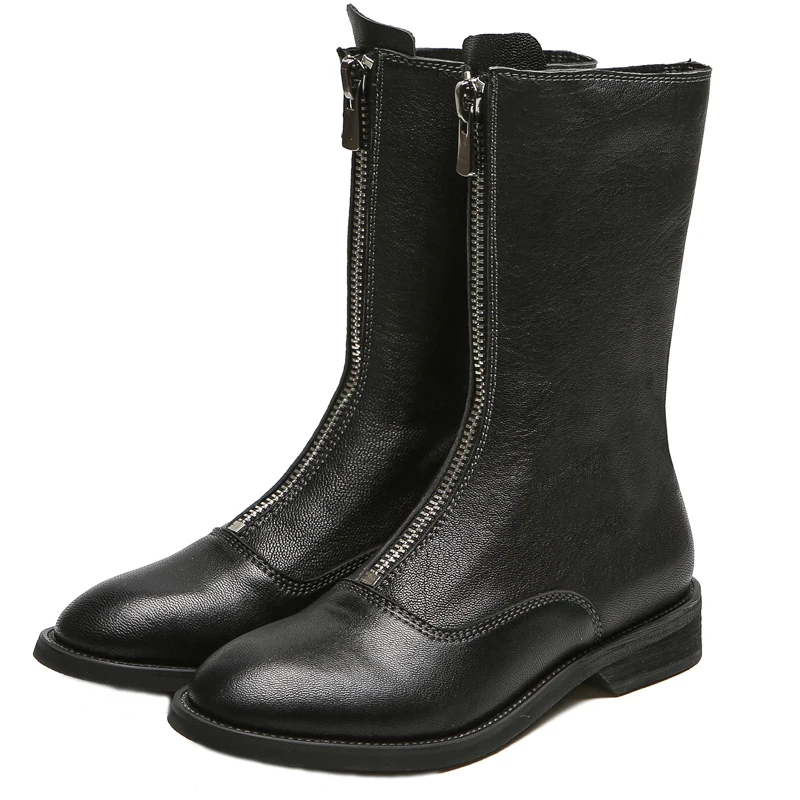 

front zipper leather boots women 2018 mid calf for women Martin Boots Vintage Old Fashion Round Toe Motorcyle boots handmade