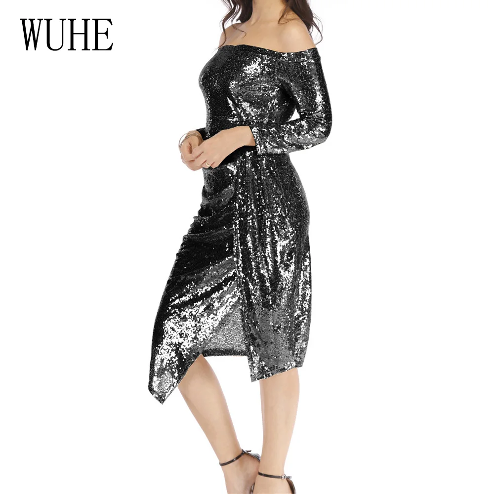 

WUHE Plus Size XXL Women Summer Elegant Slash Neck Sequined Dress Sexy Off Shoulder Long Sleeve Night Club Party Dress Vestidos