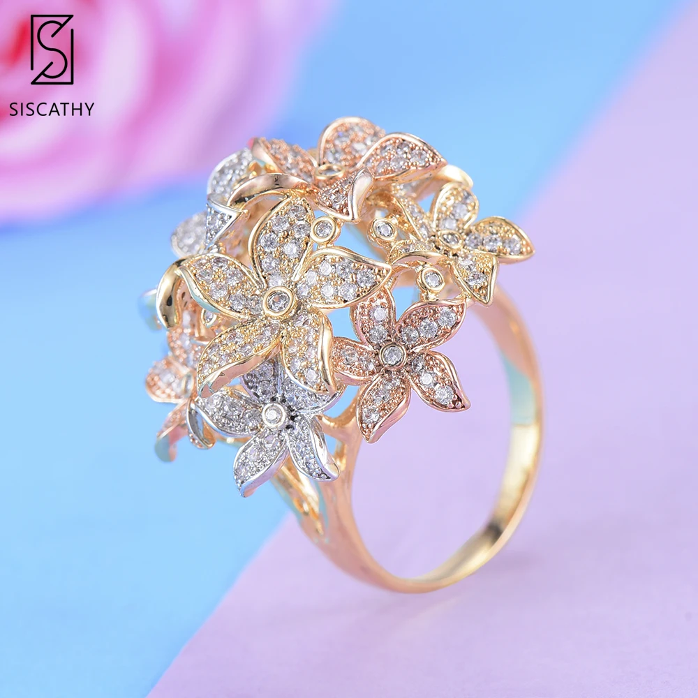 

28*28 mm Popular Flora Cluster Wide Surface Finger Rings Statement Cubic Zirconia Circle Ring For Women Girls Party Engagement