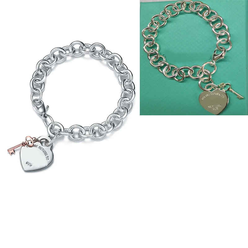 

Love heart TIFF 100% 925 Sterling Silver Classic Tiff Bracelet Heart Pendant Key Tag Buckle Signature Tiff Bracelet Woman Gifts
