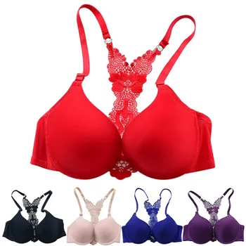

Women Sexy Lingerie Solid Front Closure Bra Sexy Racerback Bras Push Up Charming Flower Lace Underwear Y-line Strap Newest