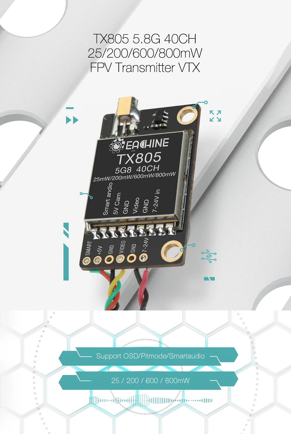 TX805 5,8G 40CH 25/200/600/800 передатчик mw FPV VTX светодиодный Дисплей Поддержка серверный компьютером с экранным меню для Pitmode/Smartaudio для радиоуправляемых моделей