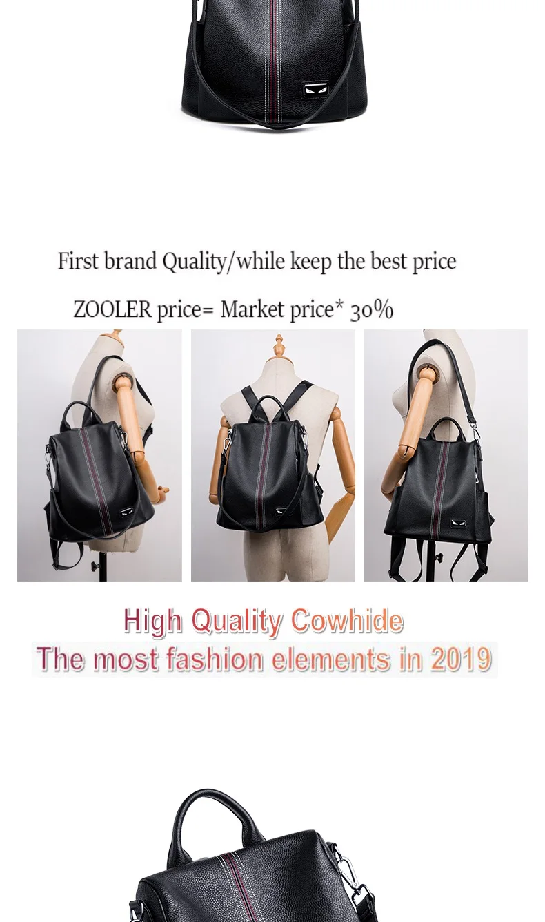 ZOOLER Brand New Genuine Leather Bag Women COW Leather Backpack Elegant Soft School Bag Travel Tote Bags Black Bolsas#YC203