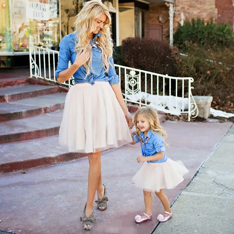

Family Match Clothes Women Kid Mother Daughter Girl Denim Blue Long Sleeve T-Shirt Coat Tutu Skirt 2pcs Clothes Outfits Set