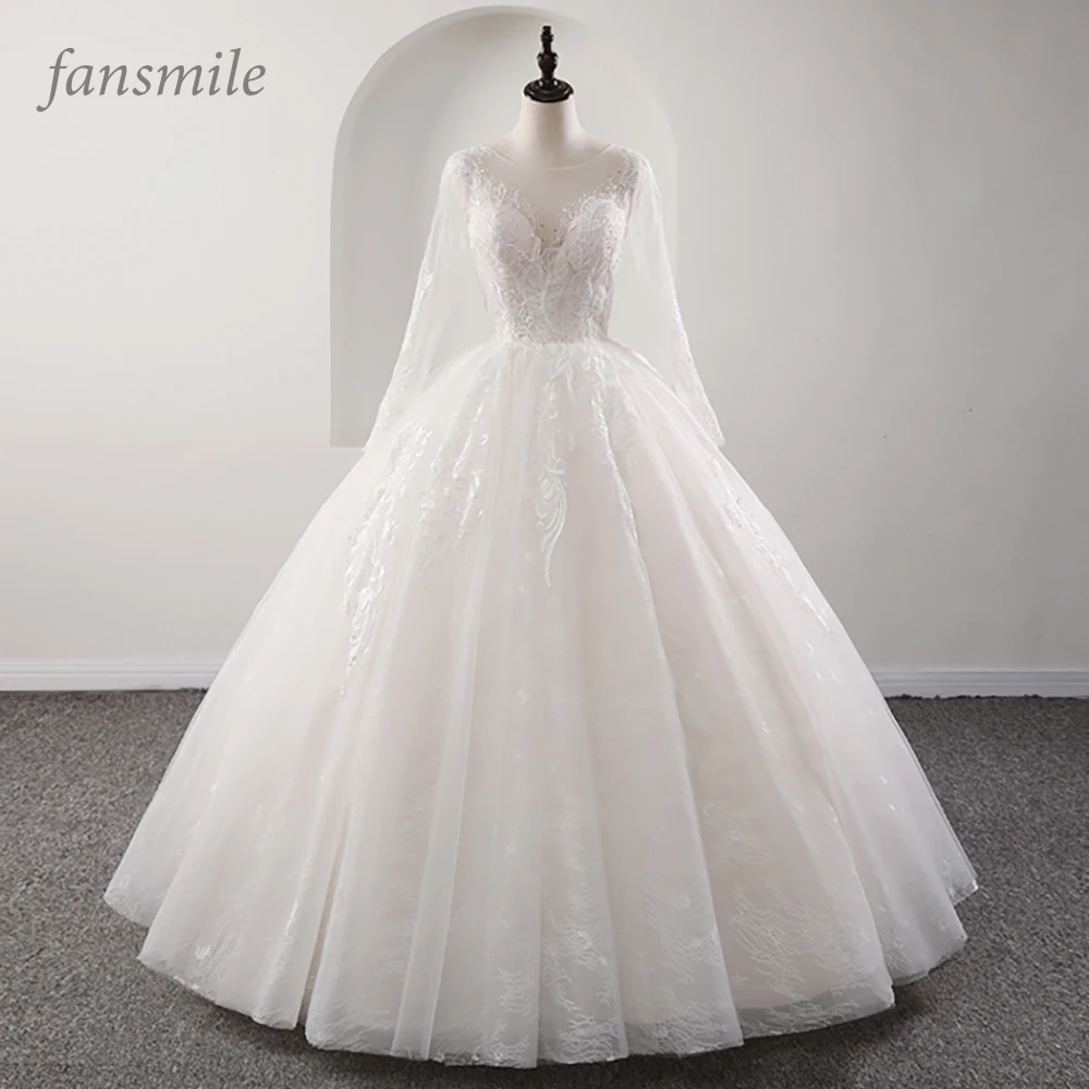 

Fansmile New Illusion Vintage Quality Lace Wedding Dress 2019 Ball Gown Princess Bridal Wedding Gowns Vestido De Noiva FSM-559F