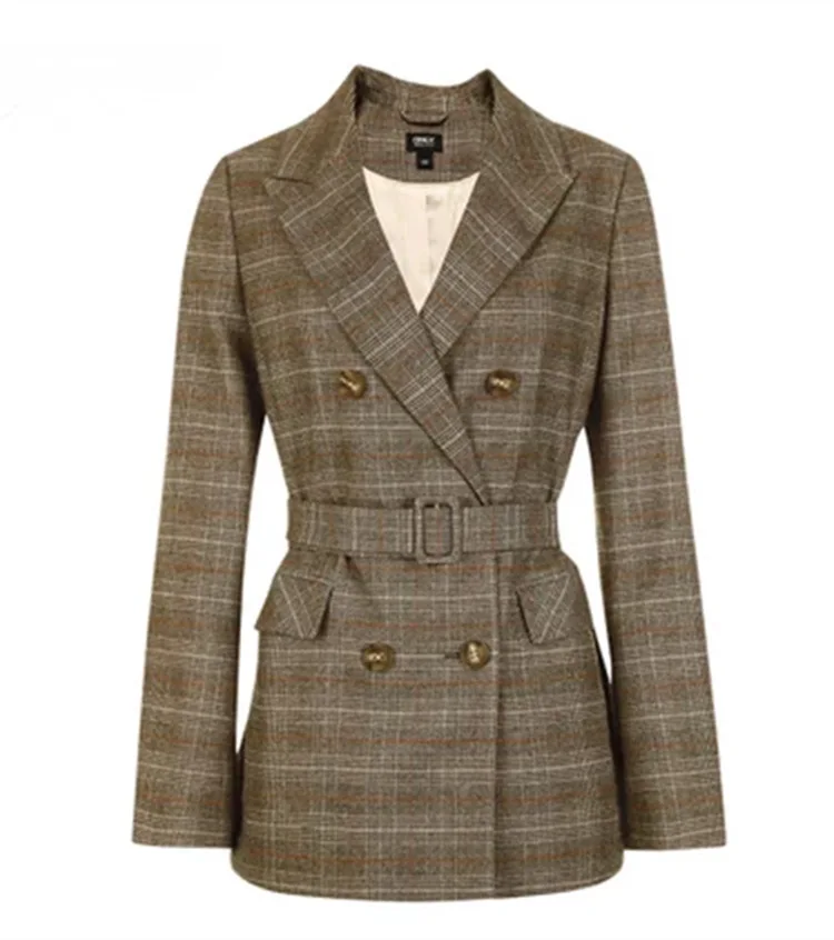 

High quality brand 2018 new fashion British style plaid striped double-breasted Slim lace women's jacket coat