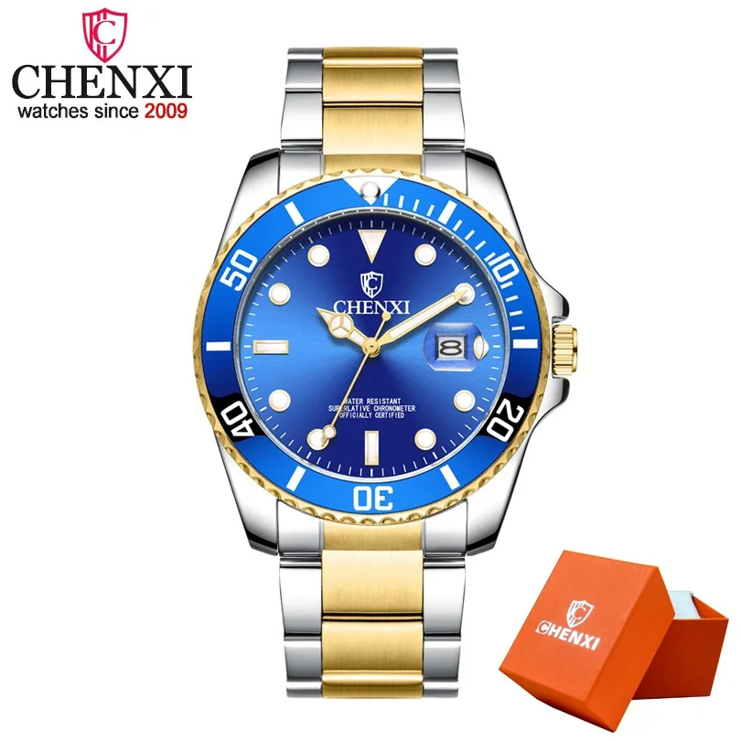 Relojes Hombre новые часы Мужские Роскошные Кварцевые часы CHENXI мужские наручные часы Лидирующий бренд Роскошные полностью стальные водонепроницаемые часы - Цвет: Silver Gold Blue