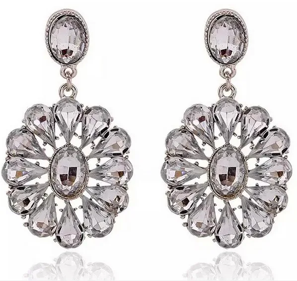 Clear Crystal Big Flower Silver Plated Earrings Long Austrian Crystal Drops Earrings For Women Fashion Free