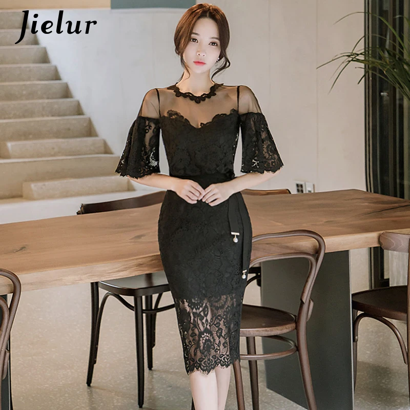 

Jielur Lace Sexy Dresses Women Black Patchwork Mesh Charming Slim Hipster Ladies Summer Dress V Neck Chicly Vestidos Mujer S-XL