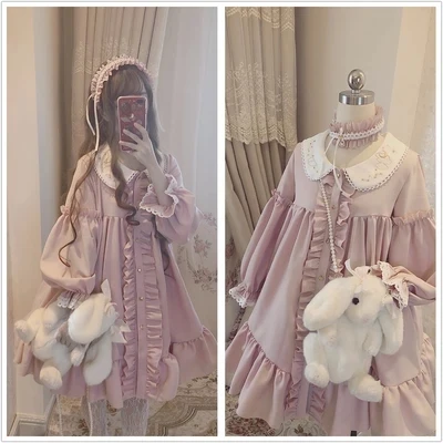 

women young Chiffon Lolita student Dress Ruffle SHORT long Sleeve High Waist Classical Princess Dresses Cosplay Costumes Lolita