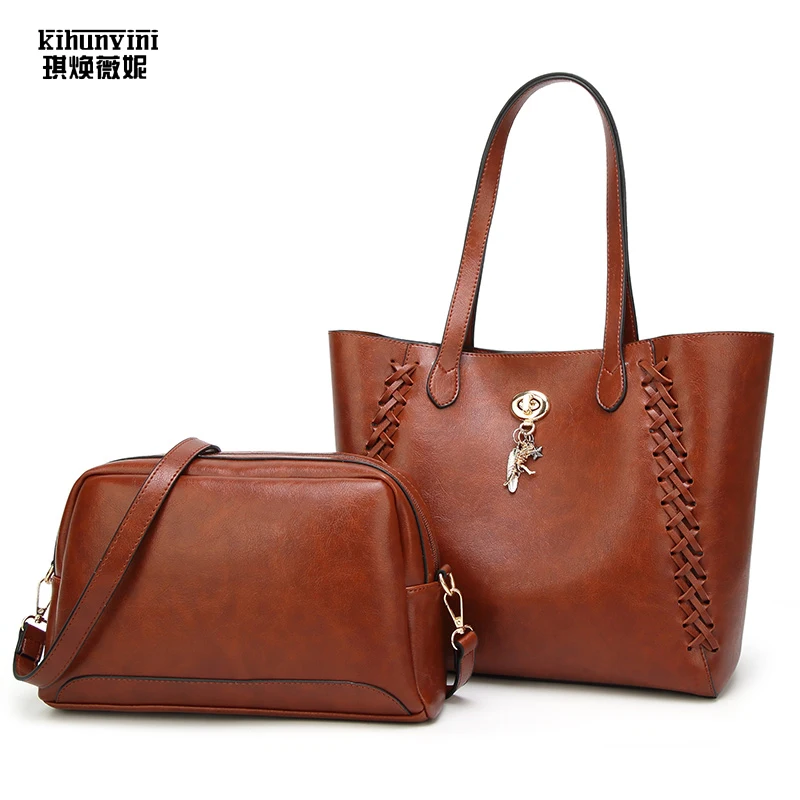 

Women Bag Set High Quality Tote Bag Composite Bag Female Purse Waxed Leather Handbag Woven New Big Shoulder Shopping Mummy Bags