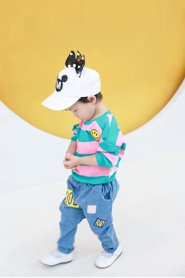 Mihkalev/детская одежда комплект осенней одежды для мальчиков, хлопковые комплекты одежды для маленьких девочек топы с длинными рукавами+ джинсовые штаны детский спортивный костюм
