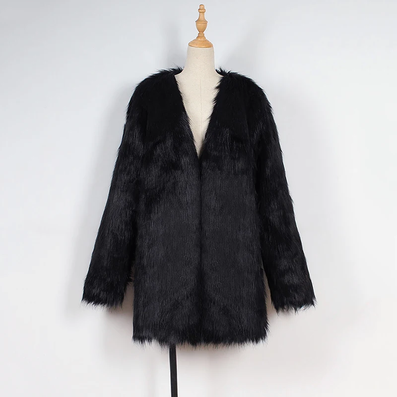 Survêtement Hiver Shaggy noir Blanc V Occasionnel Manteau Col Fourrure De Blanc Faux En Femmes Fausse Poilu Goplus Veste Noir Vestes Lâche TqdR4T