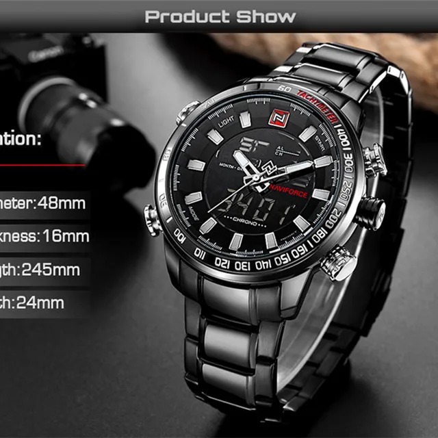 NAVIFORCE Top Brand mężczyźni Military Sport zegarki męskie LED Analog cyfrowy zegarek męski stal kwarcowy zegar Relogio męski 9093 tanie i dobre opinie Quartz Wristwatches Auto Date Complete Calendar Shock Resistant Week Display Water Resistant Stop Watch Back Light Chronograph Multiple Time Zone LED display Alarm NAVIFORCE Top Brand mężczyźni Military Sport zegarki męskie LED Analog cyfrowy zegarek męski stal kwarcowy zegar Relogio męski 9093 tanie i dobre opinie Quartz Wristwatches Auto Date Complete Calendar Shock Resistant Week Display Water Resistant Stop Watch Back Light Chronograph Multiple Time Zone LED display Alarm
