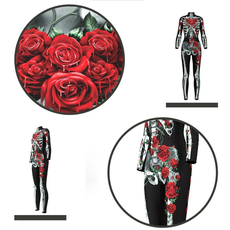 Модные боди вечерние Производительность Костюм для косплея, костюм Хэллоуин цифровой печати шип красная роза тела Скелет женские колготки