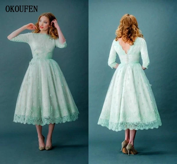 2017 Vintage Lace Prom Dresses Half Sleeves Mint Green Tea Length Spring Plus Size Backless Evening Party Dresses Graduation Dresses 副本