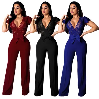 

HAOOHU 2019 Women Short Sleeve V Neck Lace Bodycon Rompers and Jumpsuits Sexy Black Blue Red Club Party Hollow Out Overalls