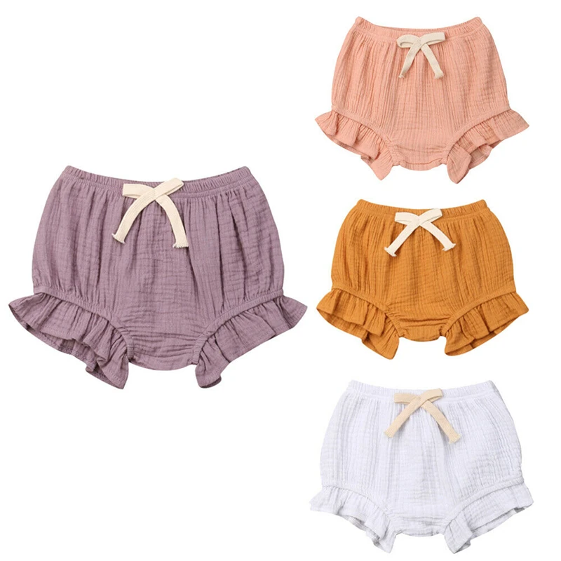 Для малышей для маленьких девочек хлопковые шорты с оборками PP пеленки охватывает шаровары одноцветное 4 цвета