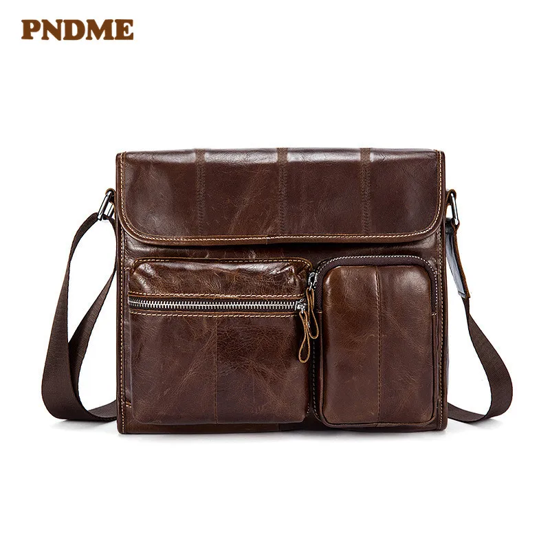 

PNDME zipper sofp cowhide Leather casual men's bag genuine leather men's shoulder bag Crossbody bags first layer cowhide