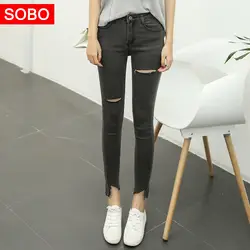 Весна 2018 Новая мода женские Леггинсы корейские узкие отверстие бахромой джинсы женский карандаш брюки B037