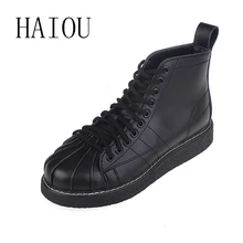 HAIOU Fashion Womens Boots Winter 2016 Lace Up Leather Ankle Boots for Women Flats Black Rubber Boots Work Round Toe Shoes Knot