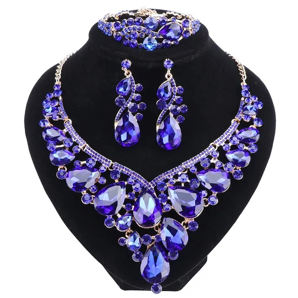 Женские свадебные ювелирные наборы, свадебное ожерелье, серьги, браслет, кольцо для невесты, подружки невесты, вечерние аксессуары, украшение из кристаллов - Окраска металла: Blue