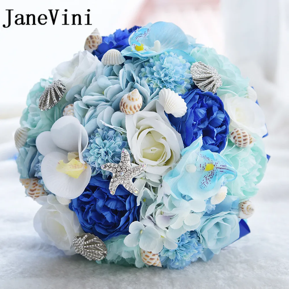 JaneVini Royal Blue Peonies Wedding Bouquet for Bride Roses Beach Ribbon Shell Starfish Artificial Bridal Flowers Bouquets | Свадьбы и