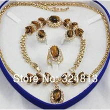 Тигровый глаз камень ожерелье браслет серьги кольцо 7-9# Set+ коробка AA265