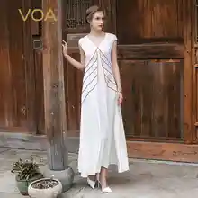 VOA 2017 Summer Sexy V neck White Silk Crepe Slim Long font b Dress b font