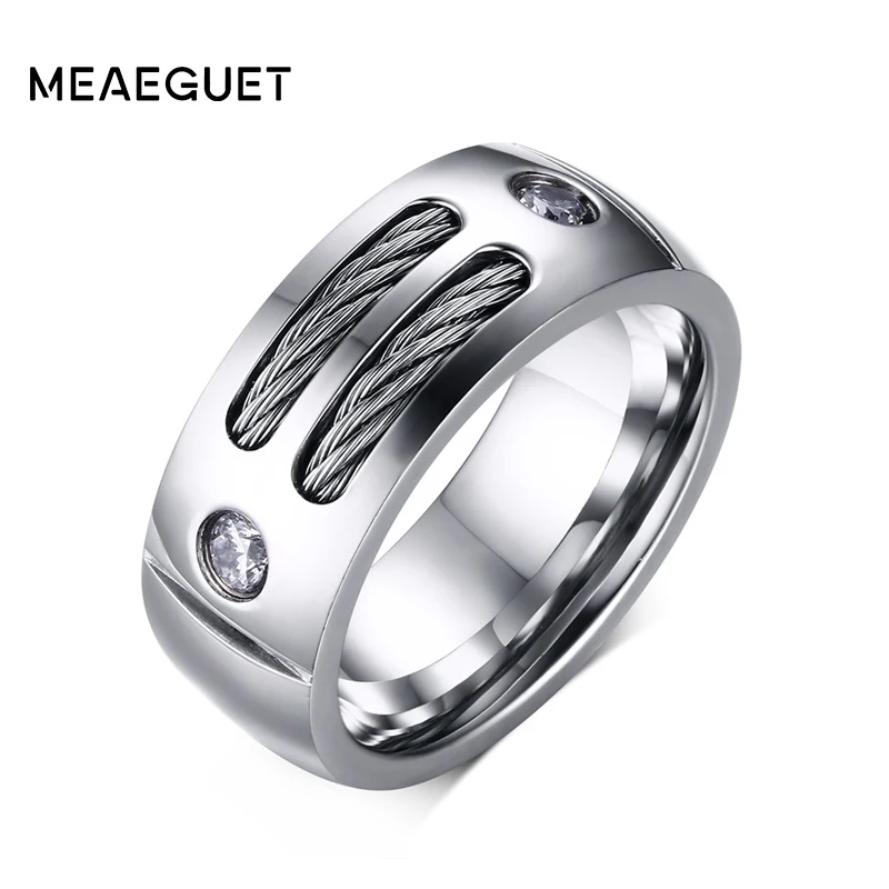 Meaeguet Stainless Steel Wire Ring For Men Punk Rock Ring With Cubic Zirconia Party Jewelry