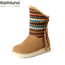 KARINLUNA/ г. Большой размер 33-43, женская обувь на плоской подошве в этническом стиле женские теплые зимние ботинки на меху, на платформе, с плюшевой подкладкой