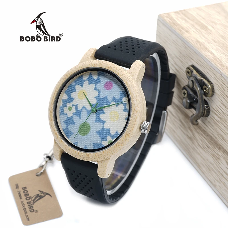 BOBO BIRD WA30 Retro Fabric Dial Ladies Wood Watches With Black Silicone Straps Bamboo Wood Quartz