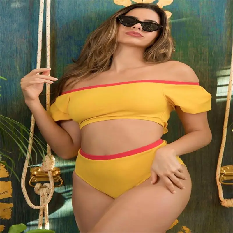 

Two Piece Big Women Swimsuit Plus Size Swimwear Wirefree Sexy Red Bikinis High Waist Tankinis Bandeau Bathing Suit Beachwear 3xl