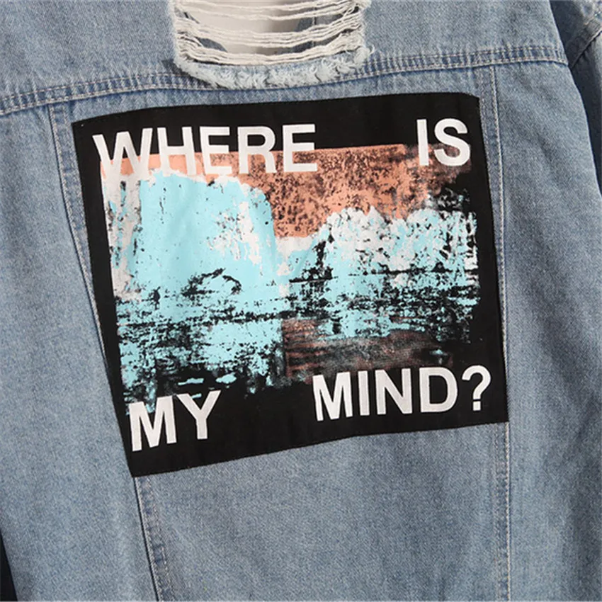 Finest  Korea Kpop retro washing frayed embroidery letter patch bomber jacket Blue Ripped Distressed Denim 