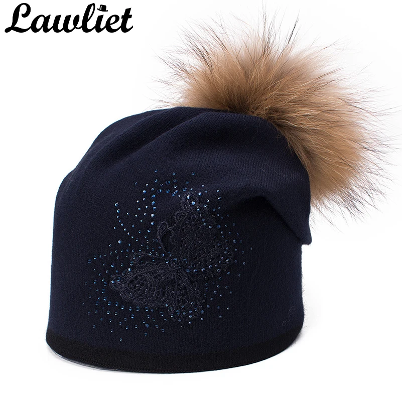 

Lawliet Real Fur Pom Pom Hat for Women Ladies Rhinestone Lace Butterfly Winter Cap Cashmere Beanie Female Wool Knitted Women Hat