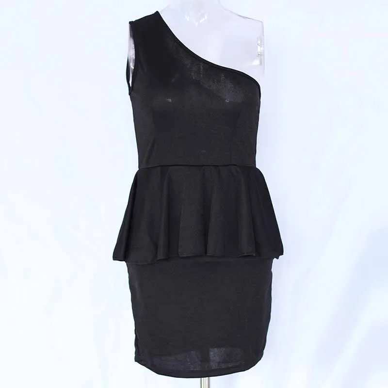 Sexy One Shoulder Ladies Office Dress Black Work Dress Clothes Summer Sleeveless Women Bussiness Style High Waist Wrap Mini Peplum Dress (7)