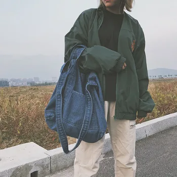

Hong Kong wind chic canvas bag Japanese Korean female students shoulder bag chic denim canvas bag shopping bag messenger bag