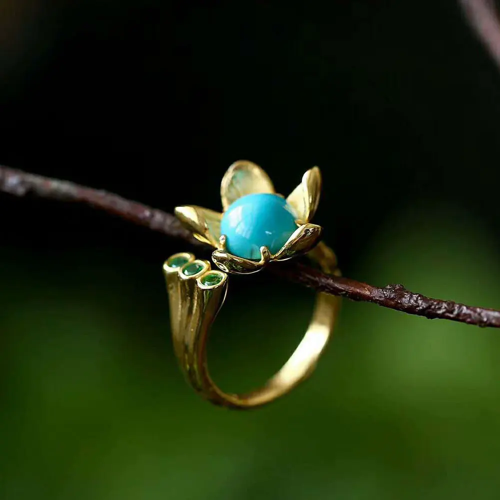 

RADHORSE 925 Silver Rings for Women Fine Jewelry Turquoise Elegant lotus Modeling Sterling Silver Ring Adjustable Golden