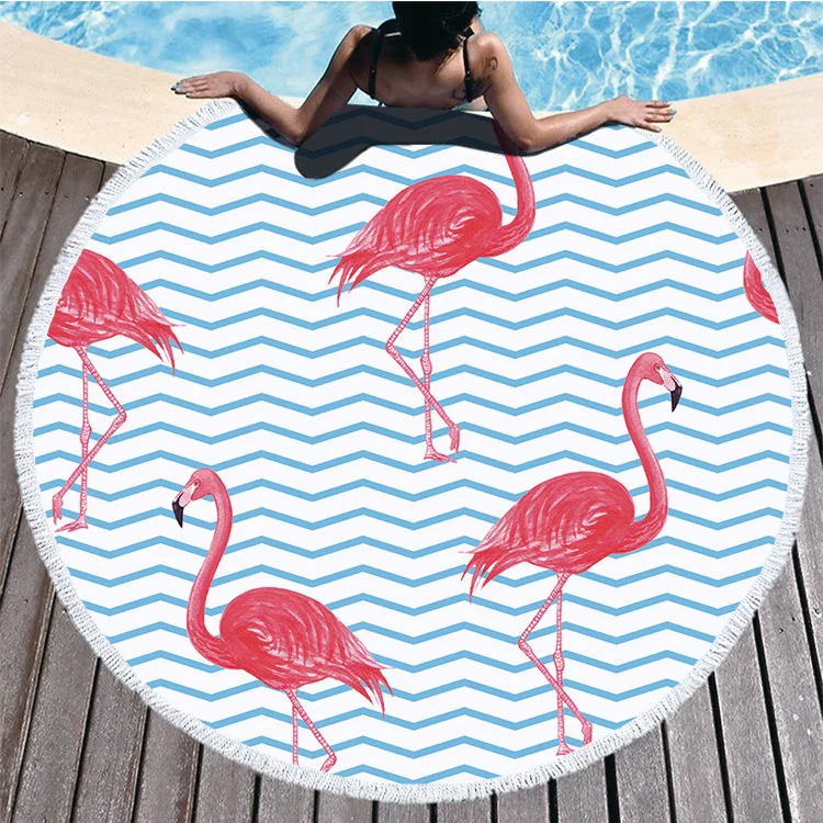 

ZHUO MO 2019 Newest Style Fashion Flamingo 450G Round Beach Towel With Tassels Microfiber 150cm Picnic Blanket Mat Tapestry