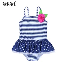 Модный цельный купальник в полоску на бретельках для маленьких девочек; купальный костюм в горошек с объемным цветком; купальный костюм