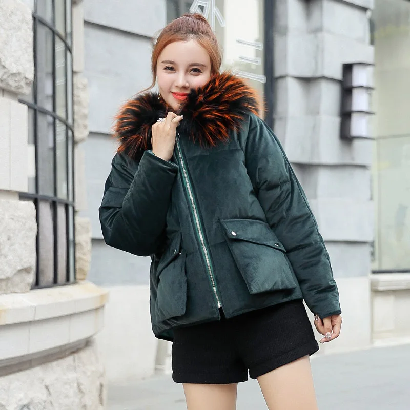 New Fashion Winter Jacket Women Velvet Hooded With Fur Female Coat Short Outwear Womens Parka Abrigos Mujer Invierno - Цвет: Drak Green