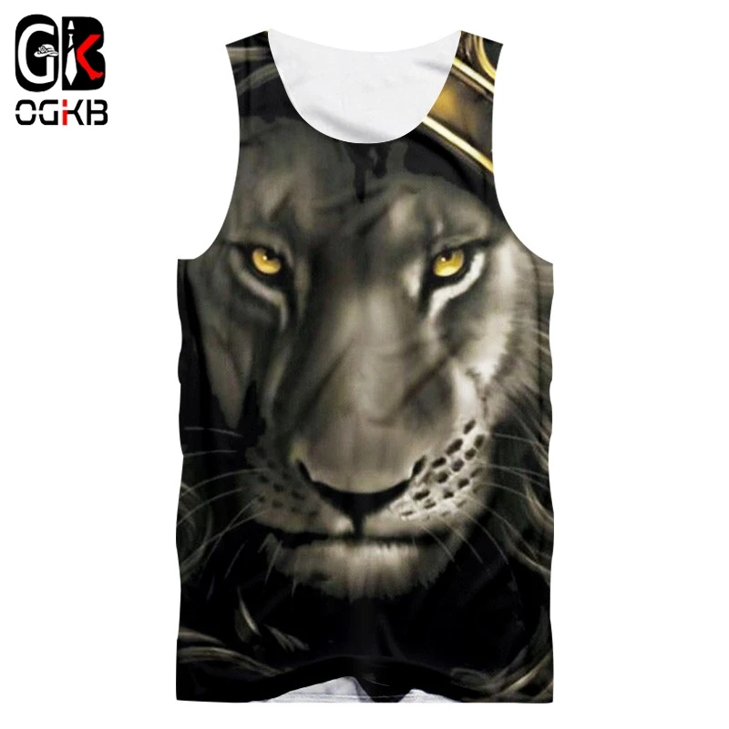 

OGKB Vest Adult Hot Bodybuilding 3D Sleeveless Shirt Print Flame Lion King With Crown Funny Large Size Clothing Hombre Tank Tops