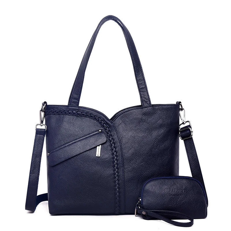 Большая вместительная мягкая кожаная сумка на плечо, женские большие кошельки и сумки, женская черная фиолетовая темно-синяя Повседневная Сумка-тоут, женская сумочка - Цвет: dark blue