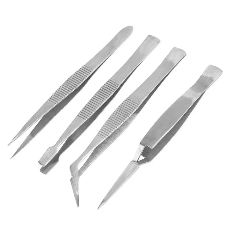 4pcs Stainless Steel Tweezers Pointed Elbow Flat Cross Craft Kraft
