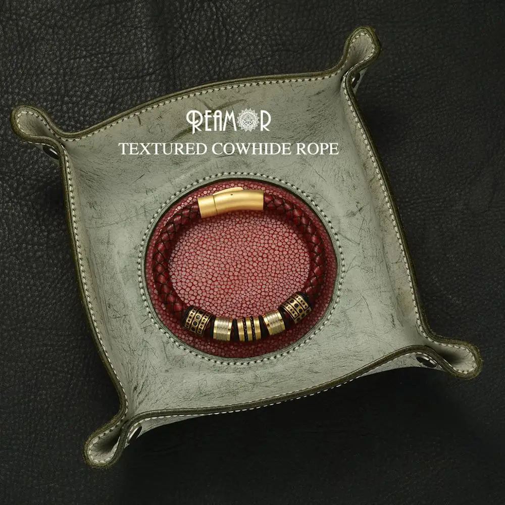 REAMOR 8 мм красный плетеный кожаный мужской браслет с натуральным лицевым покрытием из нержавеющей стали блестящие золотые бусины браслеты с подвесками браслет ювелирные изделия