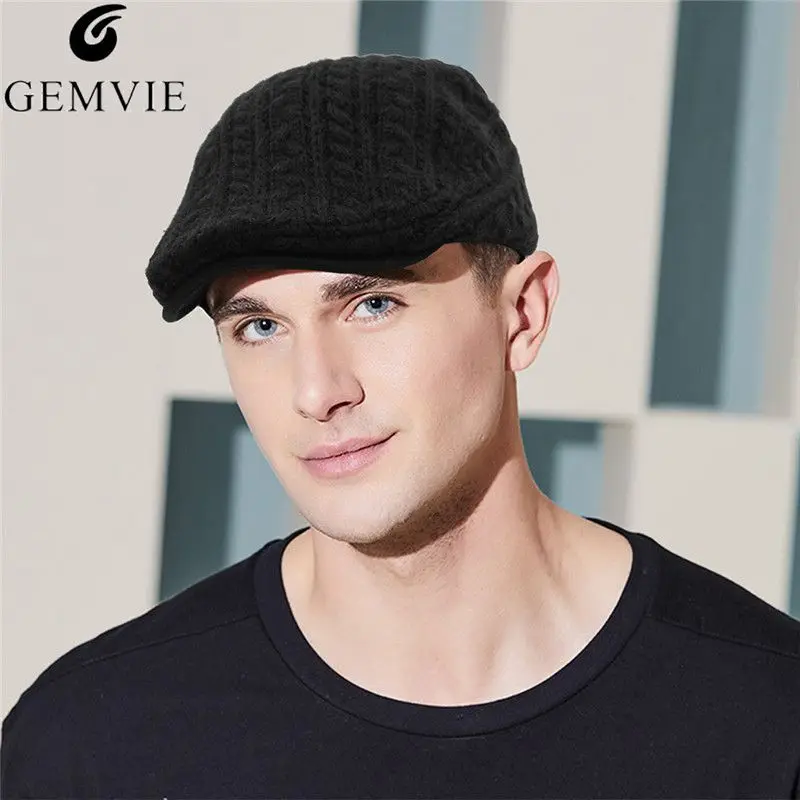GEMVIE Men Knitted Beret Cap Winter Thicken Keep Warm Hats Casual Peak