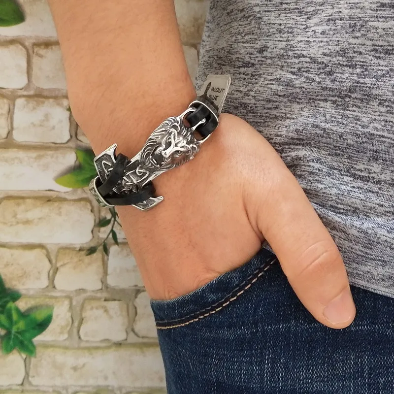 

Fashion Casual Jewelry Stainless Steel Lion Leather Bracelet For Women Double Leather Wrap Bracelets & Bangles Men Jewelry